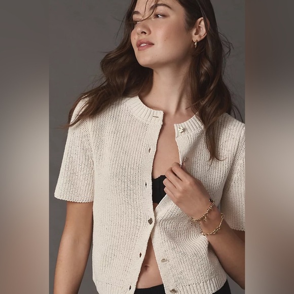NWOT Anthropologie Maeve Short-Sleeve Button-Front Cardigan Ivory White - Picture 2 of 16
